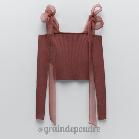 Rare Zara Organza Tie Cold Shoulder Ballet Top M - Picture 4 of 9